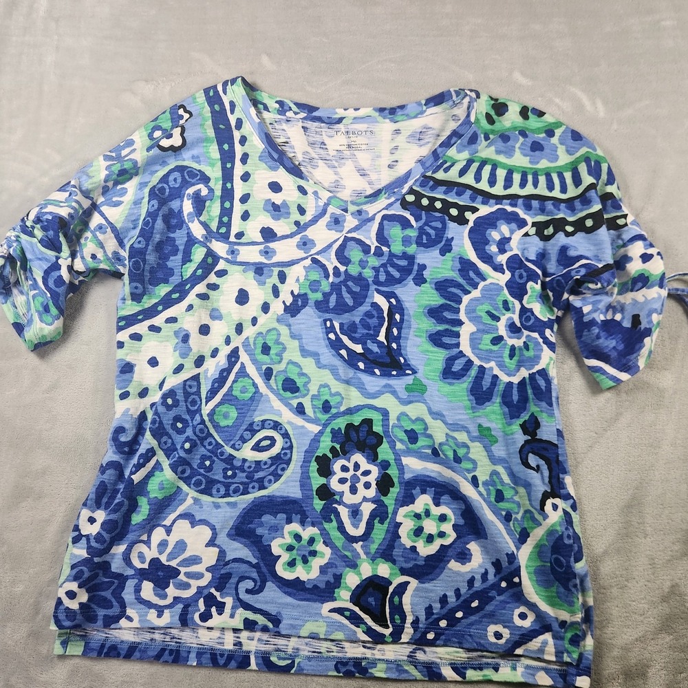 Talbots Size Medium Petite Mp BlueFloral V-Neck Short Sleeve Tee T-Shirt